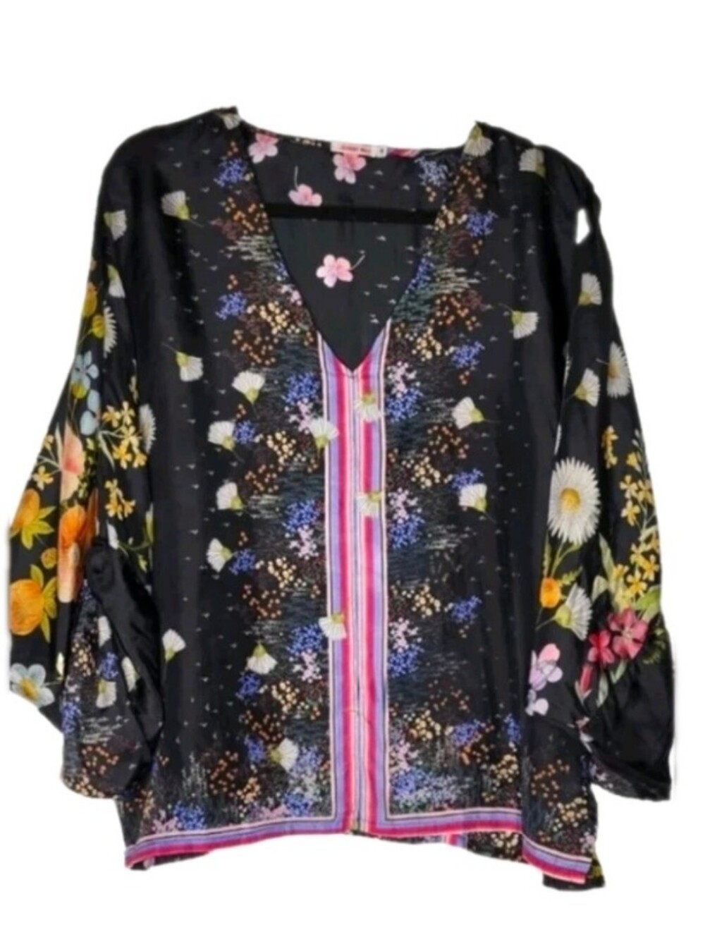 Johnny Was Silk Floral Blouse Tassel Cinch Dolman Sleeve Whimsigoth Cottagecore